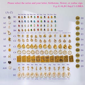 May include: A selection chart of gold-toned jewelry charms featuring letters A-Z, birthstones for each month, zodiac signs, and floral designs. The chart includes text instructions for selection, such as A1-K, B1-Sep, and C1-LIBRA, organized by rows.