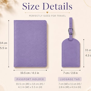 May include: A lavender passport holder and a matching luggage tag with a buckle strap. The passport holder measures 4.1 inches wide by 5.5 inches high. The luggage tag measures 2.8 inches wide by 4.3 inches high. Text includes Size Details, Passport Holder, and Luggage Tag.