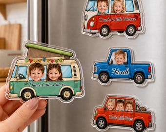 May include: Four custom acrylic magnets shaped like vehicles. One green camper van with two children, one red van with two children, one blue pickup truck with one child named Noah, and one orange pickup truck with three children, all labeled Dad's Little Riders.