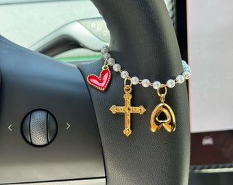 Build Your Own Car Charm, Custom Cross Steering Wheel Pearl Chain, Personalized Car Accessories Car Jewelry, Baptism Religious Catholic Gift