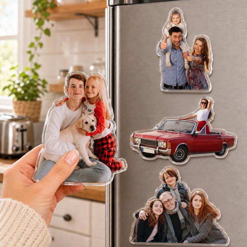 May include: Four custom acrylic photo magnets featuring various scenes: a person holding a child on their shoulders, a person in a red convertible, a group of three adults, and a person holding a child and a light-colored puppy dog.