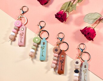 Personalised Birth Flower Beaded Keychain, Custom Engraved Name Leather Bag Charm, Gift for Her