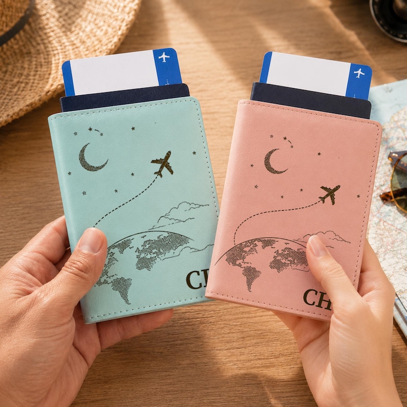 May include: Two passport holders, one light blue and one light pink, each featuring a printed design of a crescent moon, stars, a globe, and an airplane with a dotted flight path. Each holder contains a dark blue document and a white boarding pass.