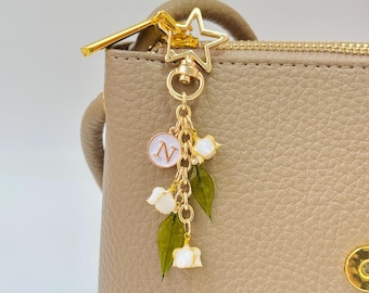Personalized Lily of the Valley Bag Charm Keychain, Custom Initial Floral Key Holder, Purse Wallet Charm Gift for Her, birth flower keychain
