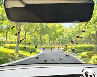 Tiger’s Eye & Obsidian Gemstones Car Rearview Mirror Chain, Protection Amulet Car Accessory, Driver Safety Gift for Driver