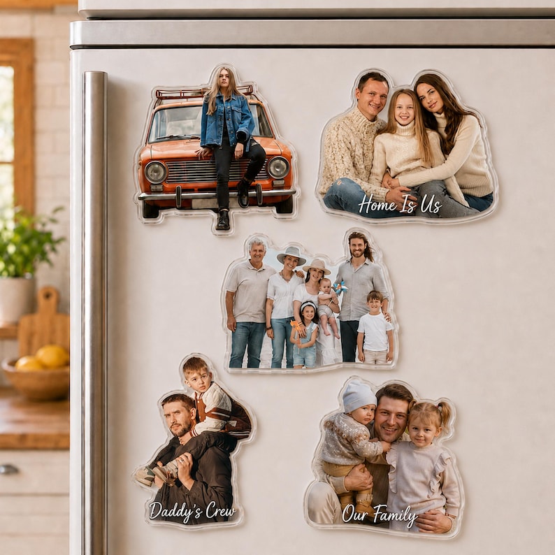 May include: Five custom photo magnets featuring various family portraits and a person sitting on an orange car. The magnets include text overlays such as Home Is Us, Daddy's Crew, and Our Family, with die-cut edges following the shapes of the subjects.