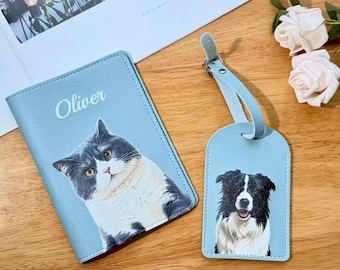 Aangepast schilderij huisdier portret paspoorthouder en bagagelabel set, gepersonaliseerde hond kat lederen reistaslabel, reiscadeau voor dierenliefhebber