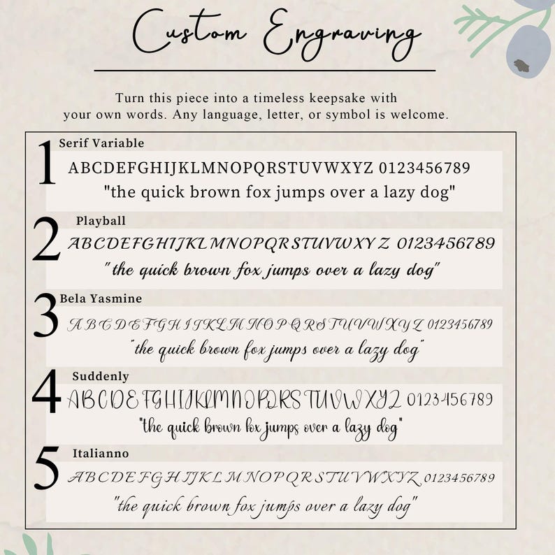 May include: A custom engraving font guide featuring five distinct typeface options labeled 1 through 5. Each option displays the full alphabet, numbers 0-9, and the phrase 'the quick brown fox jumps over a lazy dog' in Serif Variable, Playball, Bela Yasmine, Suddenly, and Italianno styles.