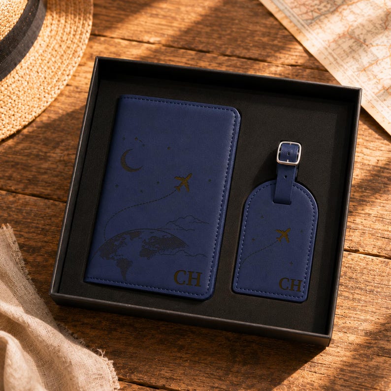 Custom Leather Passport Holder & Luggage Tag Set, Custom Initial Travel Wallet, Travel Gift image 11