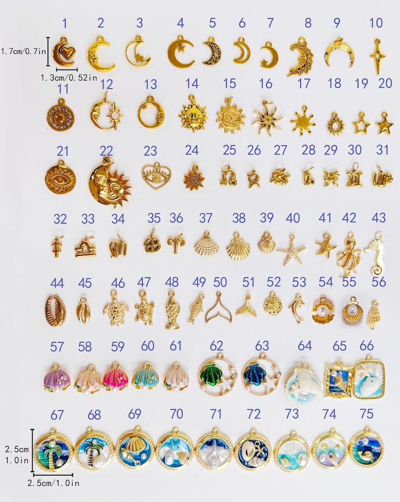 May include: A collection of 75 gold-toned metal charms arranged in rows, featuring celestial, nautical, and shell motifs. Some charms include colored enamel or faux pearls. Dimensions are indicated as 1.7cm by 1.3cm and 2.5cm by 2.5cm.