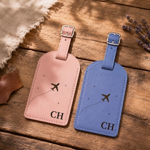 May include: Two rectangular luggage tags, one light pink and one periwinkle blue, each featuring a silver buckle strap, a printed airplane icon with a dotted flight path, small star accents, and the black capital letters CH at the bottom.