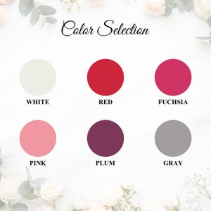 May include: A color selection chart featuring six solid circles in white, red, fuchsia, pink, plum, and gray. Each circle is labeled with its corresponding color name in black text below it, with the title Color Selection at the top.