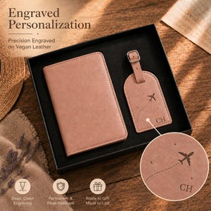 May include: A dusty rose vegan leather passport holder and matching luggage tag set presented in a black gift box. The luggage tag features an engraved airplane icon with a flight path and the initials CH. The set includes text Engraved Personalization.