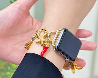 Correa dorada para Apple Watch, pulsera para mujer, regalo de Navidad, compatible con Apple Watch de 38 a 49 mm