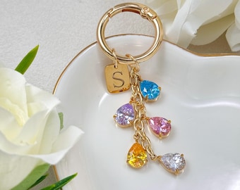 Custom Birthstone Keychain with Initial, Personalized Letter Purse Charm, Custom Bag Accessory, Birthday Gift for Mom Grandma
