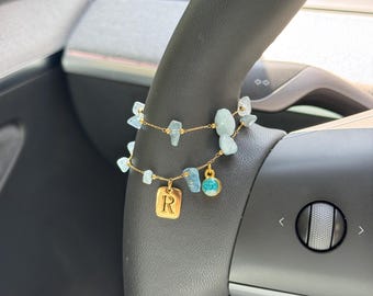 Custom Aquamarine Steering Wheel Charm, Personalized Initial & Birthstone Crystal Car Charm, Spiritual Car Gift