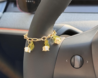 Lily of the Valley Steering Wheel Charm, Handmade Floral Car Accessories, Unique Gift for Her