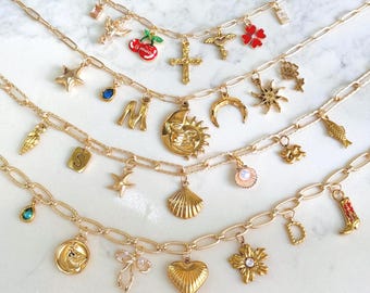 Build Your Own Charm Necklace, Pick Your Charm Pendant Necklaces, Chunky Multi Charm Necklace Birthday Gift