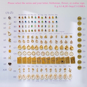 May include: A display of gold-colored charms and pendants, including letters, birthstones, zodiac signs, and flowers. The image includes text instructions for selecting items, such as letters, birthstones, flowers, or zodiac signs. The charms are arranged in rows and columns.