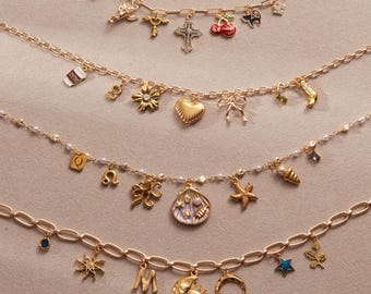 Custom Charm Necklace, Personalized Chain with Swappable Charms, Gold Plated Paperclip Beaded Chain, Build Your Own Jewelry Gift