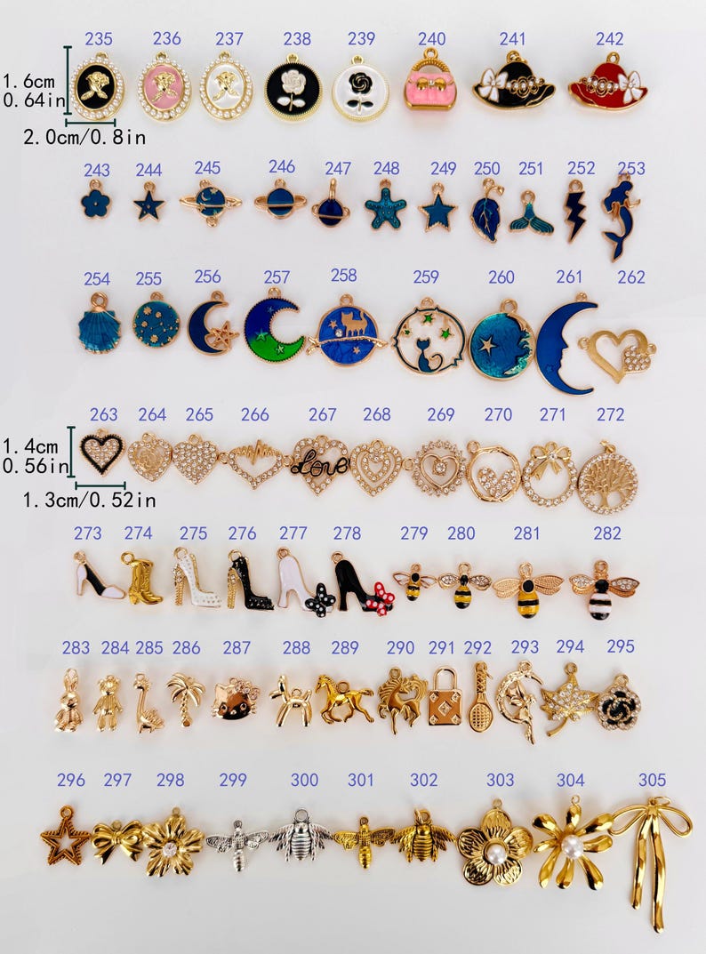 May include: A collection of assorted metal charms labeled 235 through 305, featuring various shapes like flowers, animals, celestial bodies, and shoes. Some charms include enamel colors and rhinestones. Dimensions are marked as 1.6cm by 2.0cm or 0.64in by 0.8in.