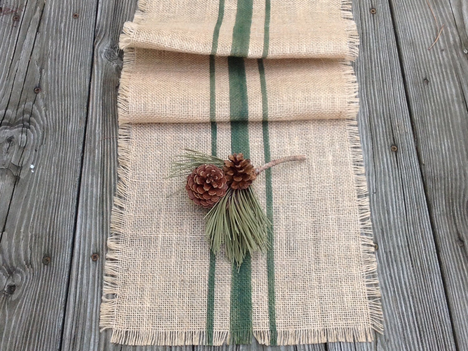 Burlap Woodland Green Striped Table Runner 1014x48 or
