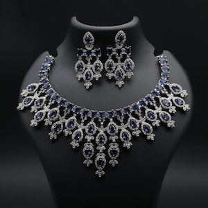 Royal Blue CZ Bridal Choker Necklace Set: Indian Wedding Jewelry