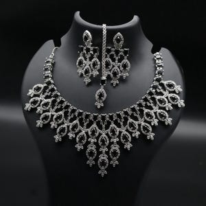 Black Stone Bridal Necklace & Earrings: Crystal Choker Wedding Jewelry