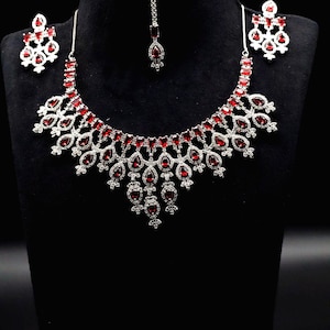 Royal Lab Ruby CZ Bridal Necklace Set | Indian Wedding Jewelry | Statement Choker Necklace with Earrings & Maang Tikka | Gift for Her