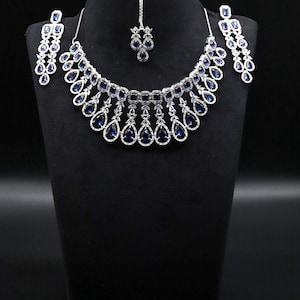 Royal Blue Sapphire CZ Bridal Necklace Set: Choker, Earrings & Maang Tikka