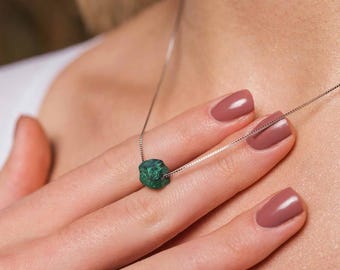 Raw Malachite Crystal Necklace: May Birthstone, Green Protection Pendant