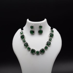 Lab Grown Emerald Necklace & Earrings Set: CZ Diamond Halo, Bridal Jewelry
