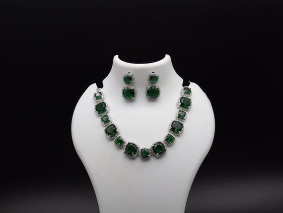 Lab Grown Emerald Necklace & Earrings Set: CZ Diamond Halo, Bridal Jewelry