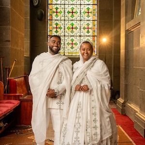 Ethiopian & Eritrean Couple Outfit Set | Habesha Kemis and Men’s Traditional Wear