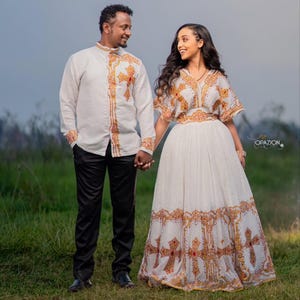 Ethiopian & Eritrean Couple Outfit Set | Habesha Kemis and Men’s Traditional Wear