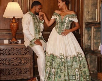 Conjunto de traje de pareja etíope y eritrea / Habesha Kemis y ropa tradicional masculina