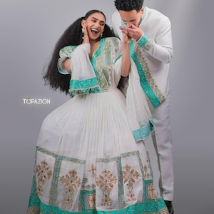 Ethiopian & Eritrean Couple Outfit Set | Habesha Kemis and Men’s Traditional Wear