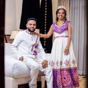 Ethiopian & Eritrean Couple Outfit Set | Habesha Kemis and Men’s Traditional Wear