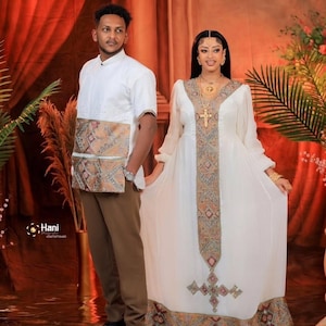 Ethiopian & Eritrean Couple Outfit Set | Habesha Kemis and Men’s Traditional Wear