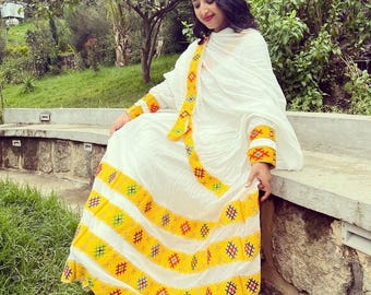エチオピアとエリトリアの伝統的なドレス – 女性用 Habesha Kemis