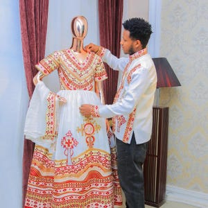 Ethiopian & Eritrean Couple Outfit Set | Habesha Kemis and Men’s Traditional Wear
