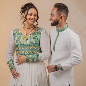 Ethiopian & Eritrean Couple Outfit Set | Habesha Kemis and Men’s Traditional Wear