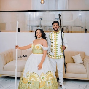 Ethiopian & Eritrean Couple Outfit Set | Habesha Kemis and Men’s Traditional Wear