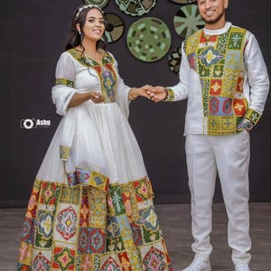 Ethiopian & Eritrean Couple Outfit Set | Habesha Kemis and Men’s Traditional Wear