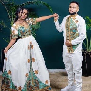 Ethiopian & Eritrean Couple Outfit Set | Habesha Kemis and Men’s Traditional Wear