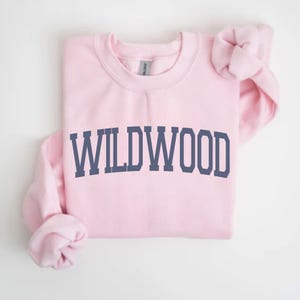 May include: A light pink sweatshirt with the word "WILDWOOD" printed in navy blue block letters across the front. The sweatshirt has a crew neck and long sleeves, with one sleeve folded over.