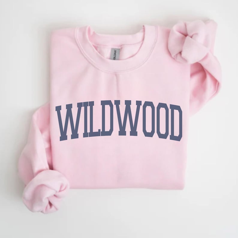 May include: A light pink sweatshirt with the word "WILDWOOD" printed in navy blue block letters across the front. The sweatshirt has a crew neck and long sleeves, with one sleeve folded over.