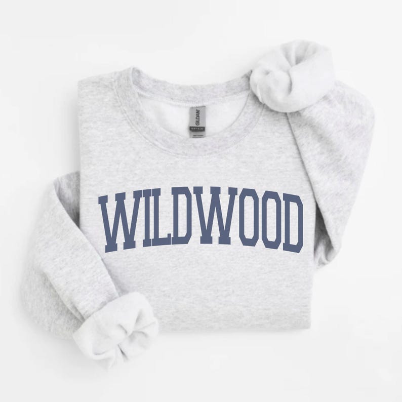 May include: A light gray sweatshirt with the word "WILDWOOD" printed in navy blue block letters across the front. The sleeves are cuffed, and the Gildan tag is visible at the neckline. The sweatshirt is made of a soft material.