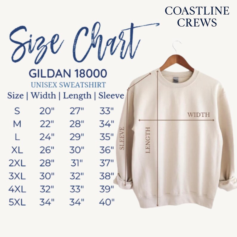 May include: A beige Gildan 18000 unisex sweatshirt displayed on a hanger, with a size chart overlay. The chart lists sizes S to 5XL, with measurements in inches for width, length, and sleeve. The text "Size Chart" is at the top.