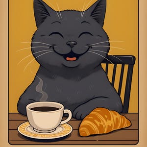 Vrolijke zwarte kat die een croissant eet